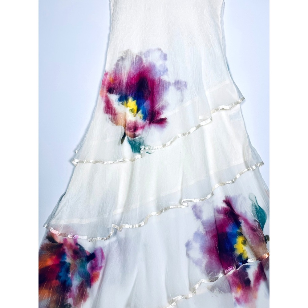 Komarov Dress Small Ivory Watercolor Floral Tiered Ruffle Midi Crinkle USA Made - Picture 9 of 16